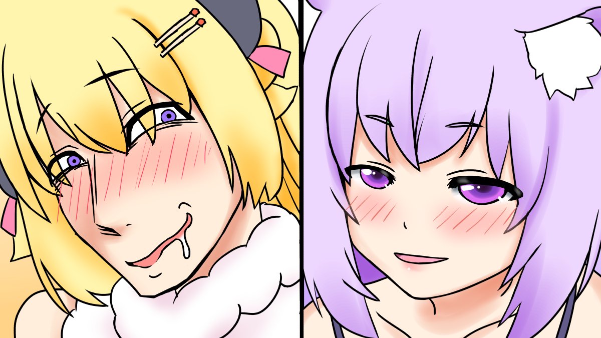 airaku_create's tweet photo. いつもはカチっとしたアニメ塗りですが、
今回はブラシ塗りでふわっと塗っています。

メスを出すおかゆさん（北条時行）
下心が隠せてないわためさん（諏訪頼重）

#角巻わため #つのまきあーと #猫又おかゆ #絵かゆ
#ホロライブ #hololive https://t.co/ktC8awcAmS