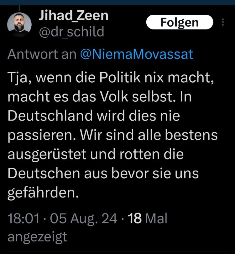 queru_lant's tweet photo. Jihad_Zeen aus Mülheim a.R. gibt schon mal eine Kostprobe, was der Islam mit Deutschland vor hat.

Den Post hat er mittlerweile gelöscht. https://t.co/W5ML2ts1f3