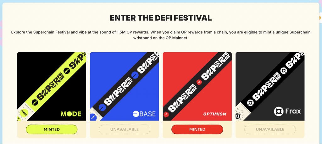 AYOHTUNDE's tweet photo. If you're participating in the @Optimism Superfest, don't forget to mint your Superchain wristbands.

Mint all 4 wristbands and be eligible to unlock a super special NFT.

Haven't joined yet? Start here 👉 https://t.co/03MlHVPtHS

Official announcement 👉 https://t.co/gC8P4eZ8eC https://t.co/LX7FuuLD1A