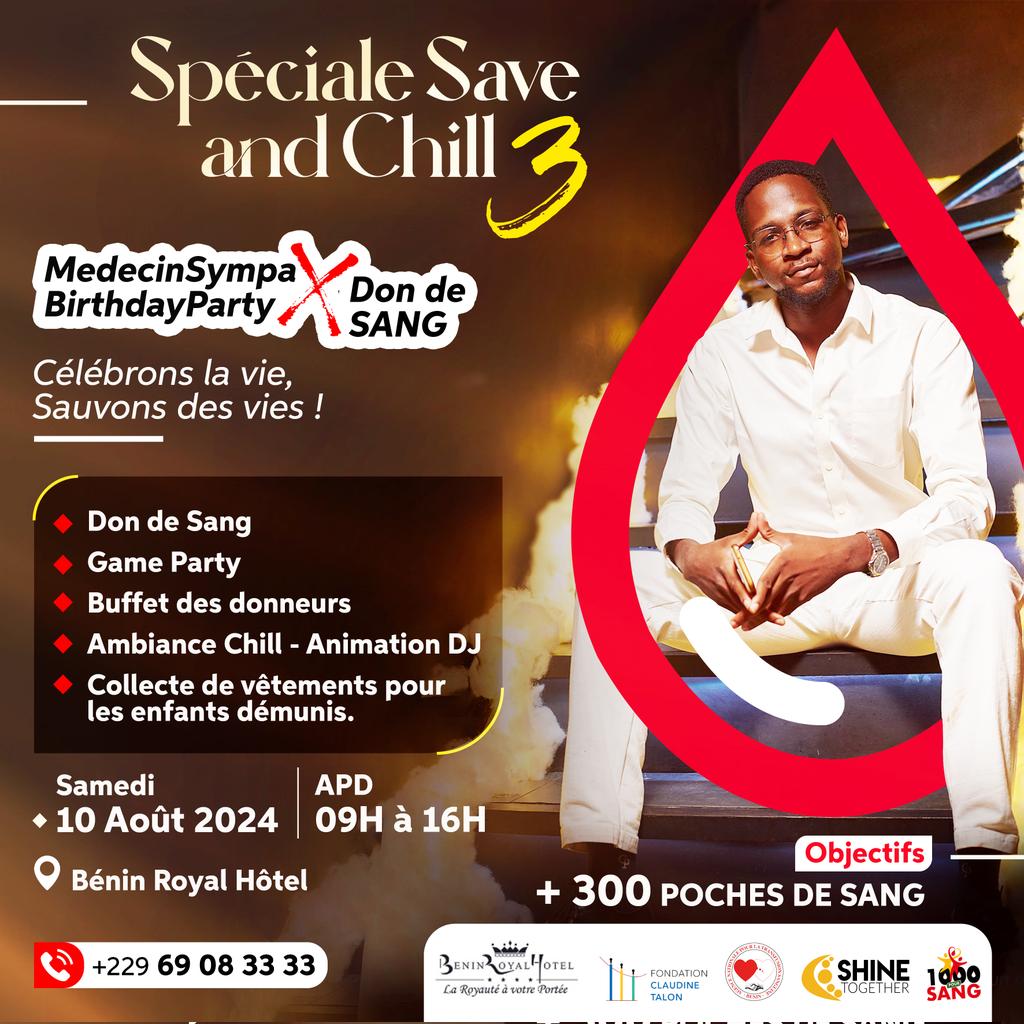 10 AOUT 2024
BENIN ROYALE HOTEL Cotonou

- Don de sang 
- Don de vêtements 
- Big Chill ❤️🔥✨️

Ce sera sympa.... tout comme moi. 

Vous êtes TOUS invités 😁

w/ <a href="/1000poursang229/">1000POURSANG BJ</a> × <a href="/ongshine2gether/">ONG SHINE TOGETHER</a>