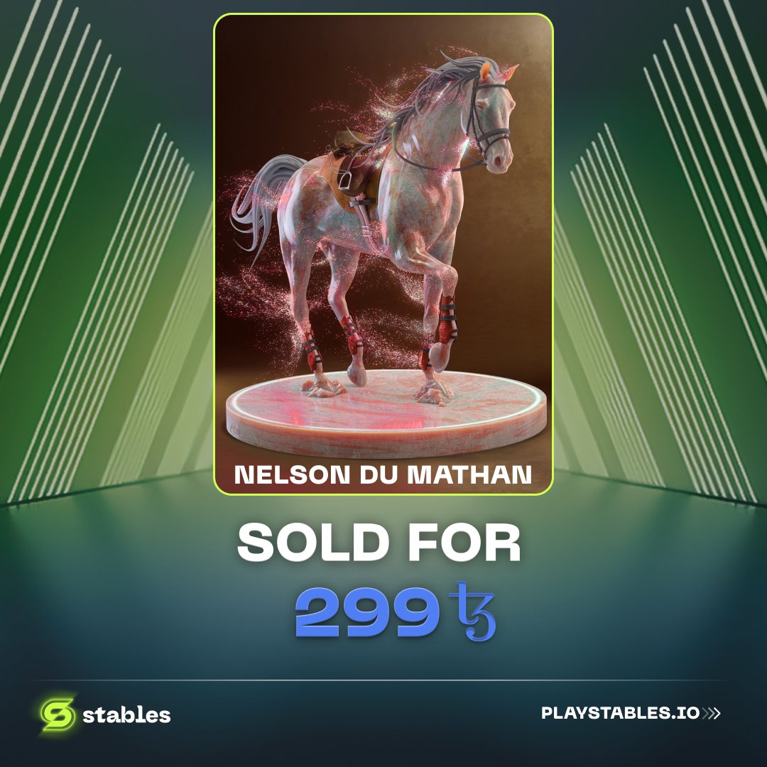 playstables's tweet photo. Starting the day on a high note with a horse spotlight of NELSON DU MATHAN - a level 12 Stables NFT horse with 3 elaborates that was just sold for 299 #Tezos !π
#playstables #TEZOSTUESDAY
