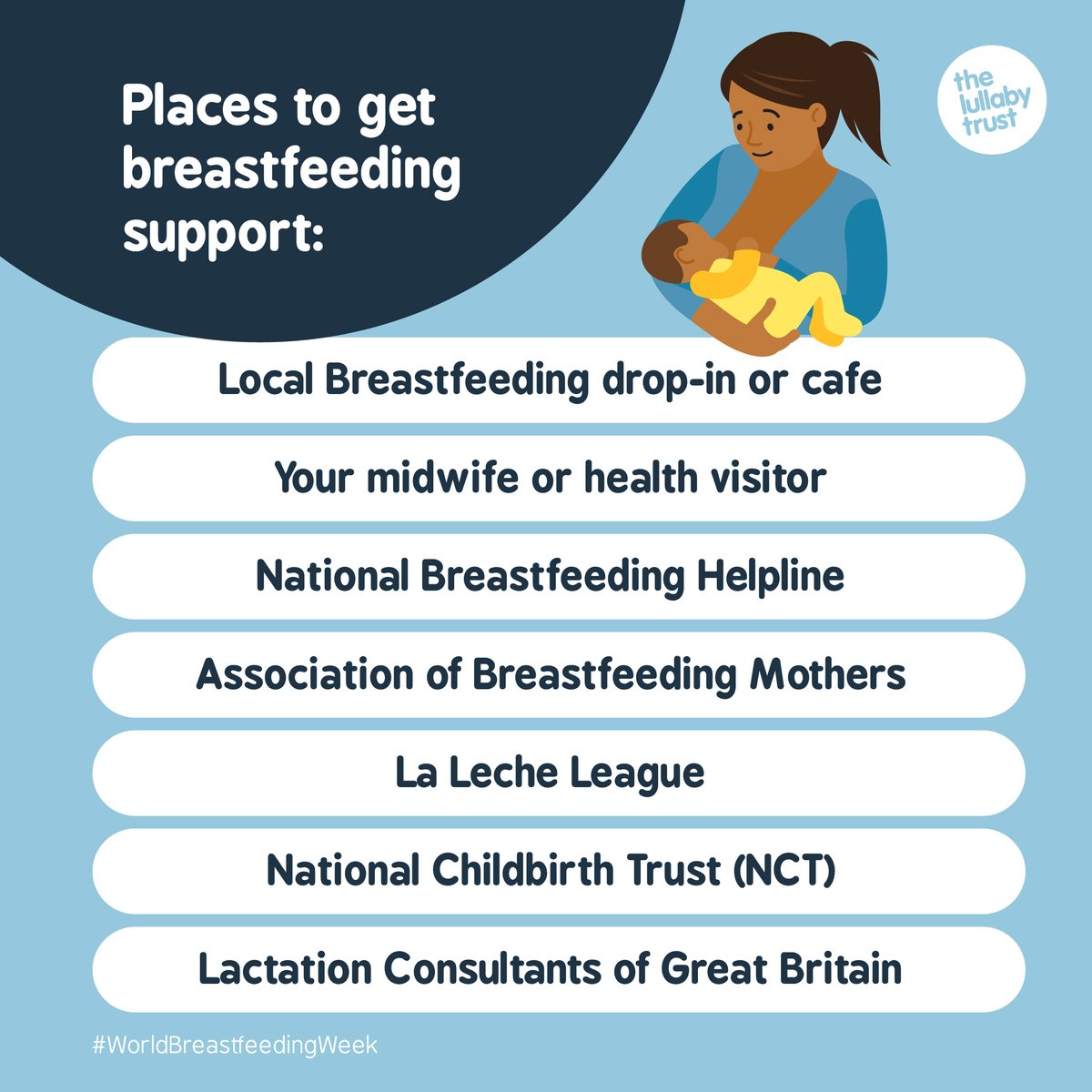 Breastfeeding support is available from:
🧡 Local breastfeeding drop-in/café
🧡 Midwife/Health Visitor
🧡 National Breastfeeding Helpline
🧡 Association of Breastfeeding Mothers
🧡 La Leche League
🧡 National Childbirth Trust (NCT)
🧡 Lactation Consultants of Great Britain