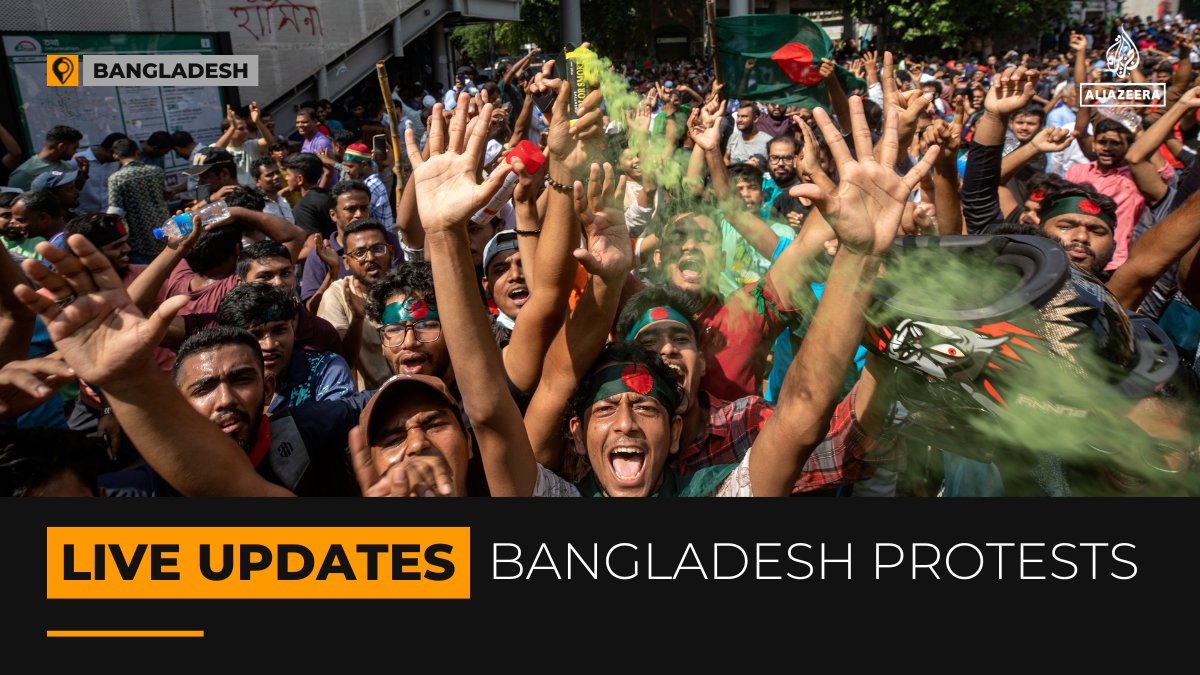 AJEnglish's tweet photo. Bangladesh’s parliament has been dissolved, a day after longtime PM Sheikh Hasina resigned and fled the country after weeks of deadly unrest.

🟠 Follow our LIVE coverage: https://t.co/kjPDsWzGeK https://t.co/8XrQN5FwH1