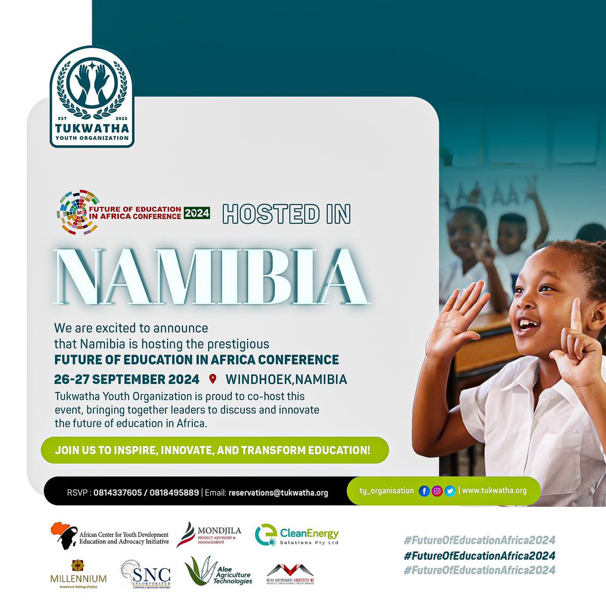 Africa, are you ready?

Namibia is calling 📲📲

Join us at the 3rd Annual Transnational Future of Education in Africa....

<a href="/_AfricanUnion/">African Union</a> <a href="/AfDB_Group/">African Development Bank Group</a> <a href="/ty_organization/">Tukwatha Youth organization</a> <a href="/GEMReport/">Global Education Monitoring Report UNESCO</a> <a href="/UNESCO/">UNESCO 🏛️ #Education #Sciences #Culture 🇺🇳</a>