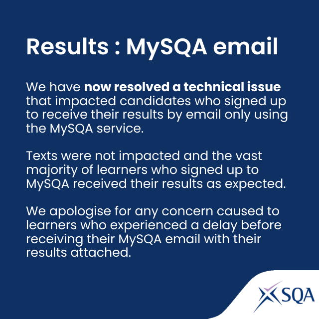 We have now resolved the issue impacting candidate who signed up to receive their MySQA results email. 

We apologise for any concern caused to learners this morning. Emails have now been resent and are making their way to learners. #SQresults