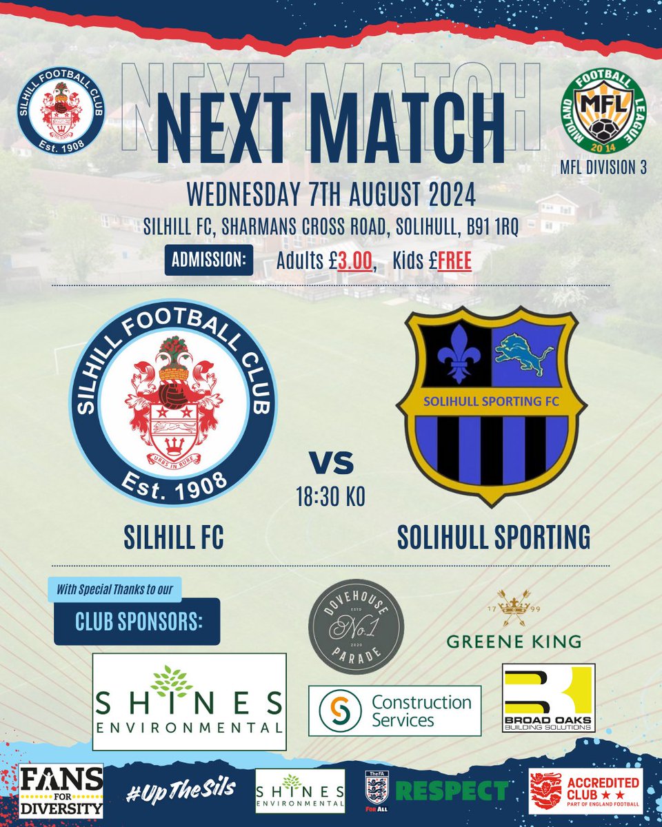 Silhill FC vs Solihull Sporting
MFL Division 3
Wednesday 7th August 2024
6.30pm Kick Off

Details here for the club's second match, and our first in the league this season, at home to another local side, Solihull Sporting.

#UpTheSils