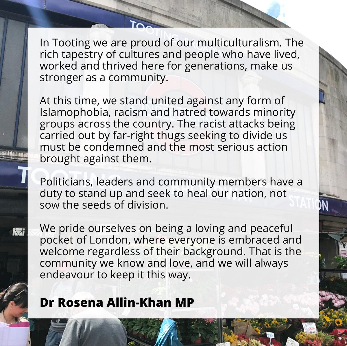 The racist and Islamophobic violence that is playing out across our country is appalling.

We must never allow this hatred to prosper. Add your name to my community statement here:

drrosena.co.uk/stand-up-to-ra…