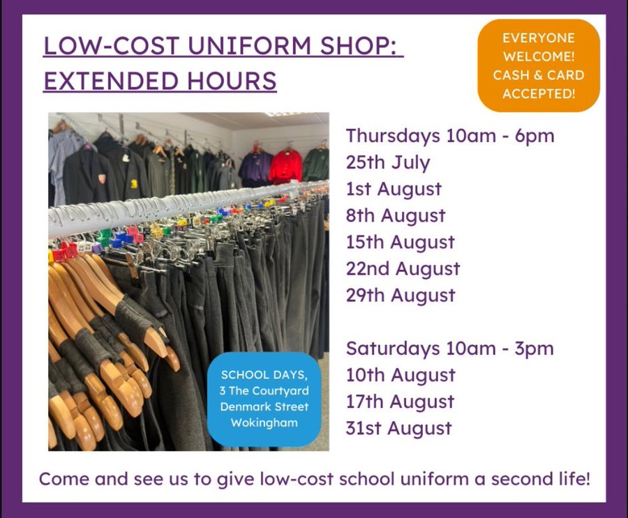 The <a href="/Firstdays_/">First Days Children’s Charity</a> Children's Charity's low-cost #schooluniform shop in #Wokingham town centre, School Days, is open throughout August on Thursdays (10am to 6pm) and Saturdays (10am to 3pm). It is across the road from the charity's Elevate Centre, at 3 The Courtyard, Denmark Street