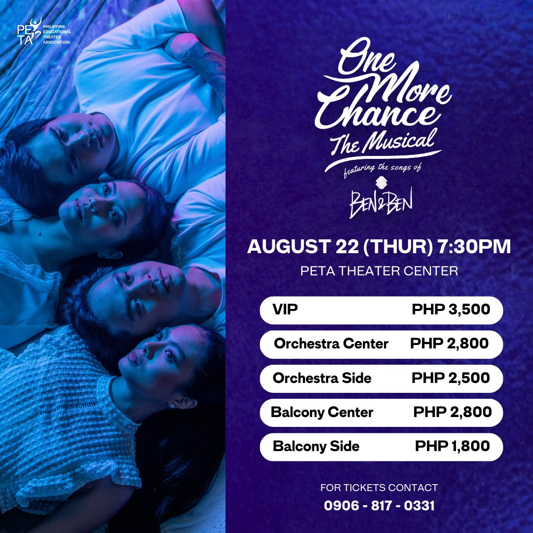 sambymagno's tweet photo. Giving you one more chance to watch #PETAOneMoreChance Rerun Special opening night on August 22, Thursday 7:30PM. Orchestra Side tickets are P2500 each. 

Contact details on the photo below. 
See you there!

#PETAOneMoreChanceTheMusical https://t.co/gWkFPHvZCR