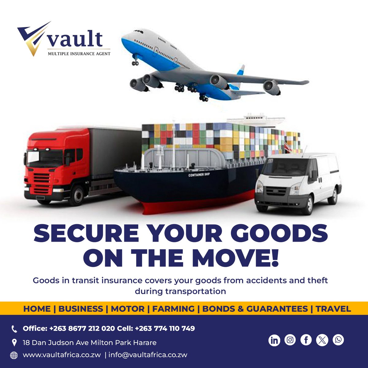 vaultinsure2024's tweet image. Secure your goods against losses that may arise when they are being transported. Vault will assist you to get affordable goods in transit and open marine covers for your business. Get in touch with us today.

#vaultmultipleagent
#goodsintransit
#openmarine
#insurancecoverage