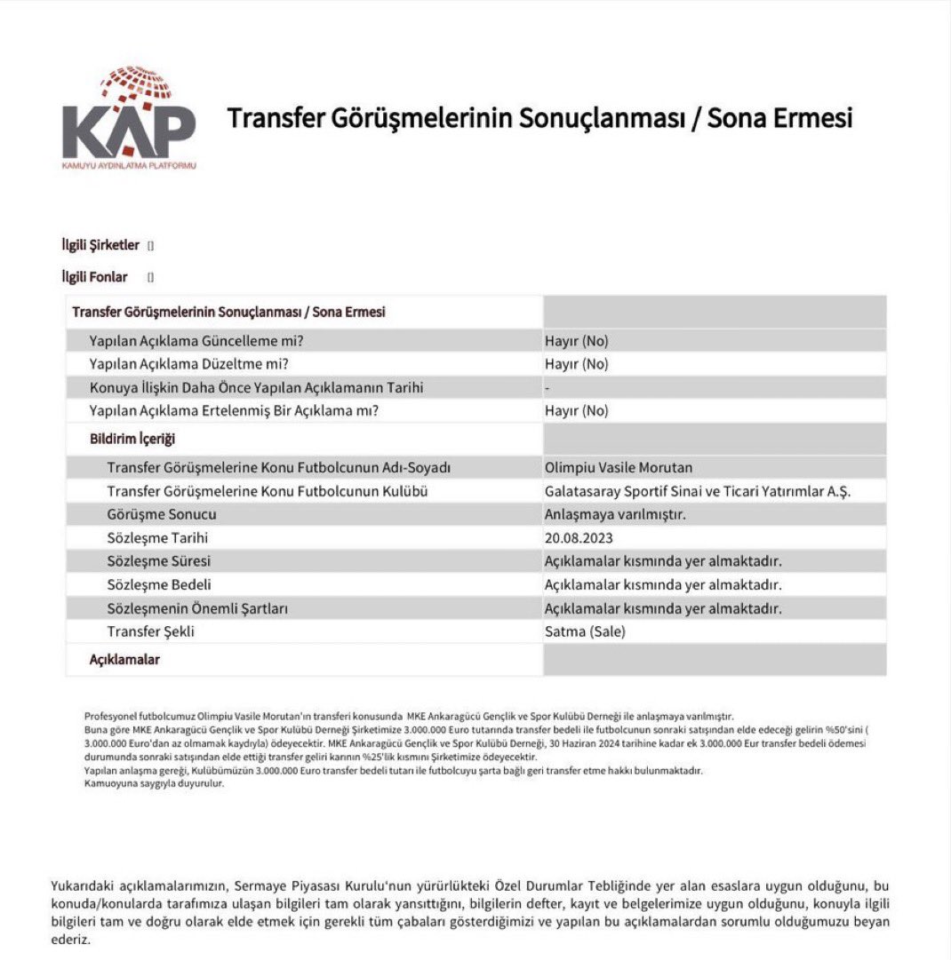 - Sonraki satıştan gelirin %50’si gs’nin (3m Euro’dan az olamaz)

- gs'ye 3m daha öderlerse sonraki satıştan %50 değil %25 veriyorlar (müthiş tasarruf)

- gs 3m öderse 3m'a sattığı topçuyu geri alabiliyor xd

"Tüm bunların dışında" bir şey olmuş ve MORUTAN YİNE GS'DE.

Ne olmuş?