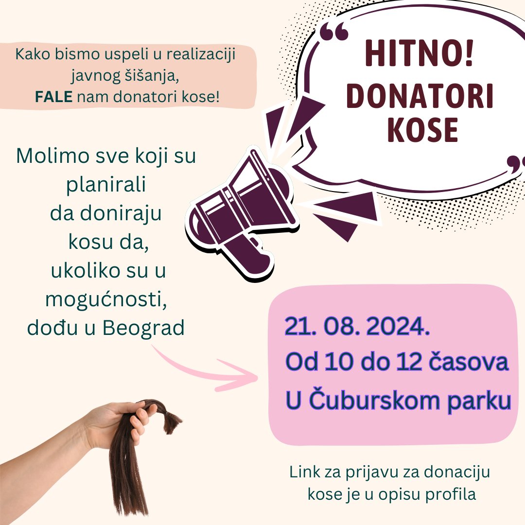 UvekD's tweet photo. Pozivamo vas na veliko humanitarno šišanje koje organizujemo 21. avgusta od 10 do 12 časova u Čuburskom parku! 

Kosa će biti iskorišćena za izradu perika za decu koja se leče od raka.

Prijave za doniranje kose preko linka: 
https://t.co/5kQrL0auFP https://t.co/WPR3R4IHhb