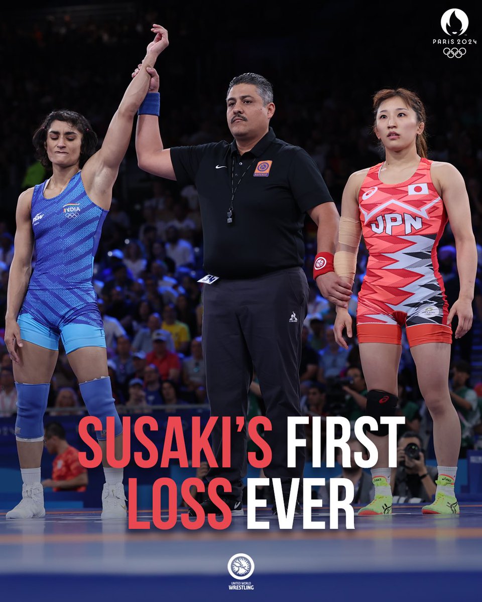 wrestling's tweet photo. BREAKING NEWS: Vinesh PHOGAT 🇮🇳 just handed defending world and Olympic champion Yui SUSAKI 🇯🇵 her first-ever international loss. She took Susaki down with 3 seconds left to win the bout, 3-2.

#roadtoparis2024 | #wrestleparis | #wrestlingparis | #PathtoParis | #wrestling | #paris2024