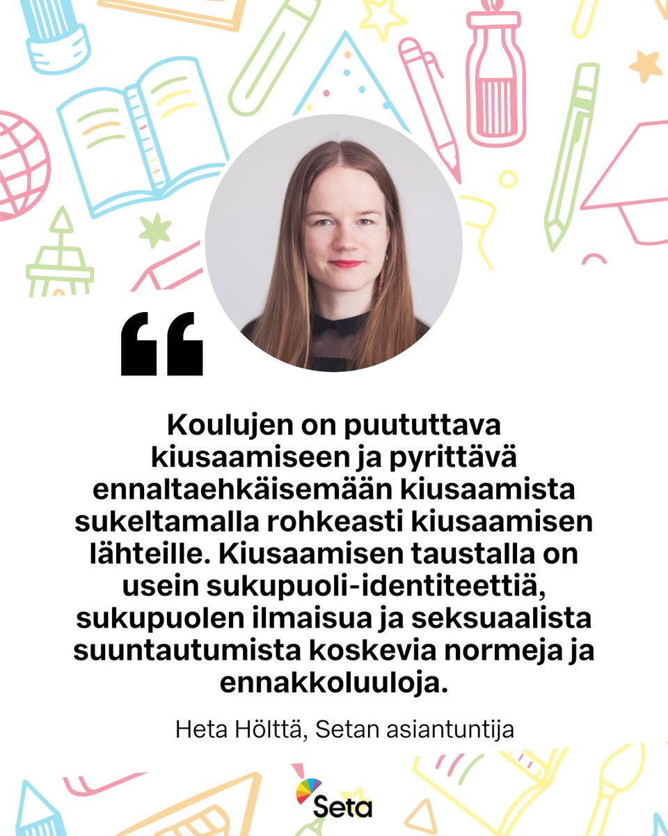 Myös sateenkaarilapset ja -nuoret aloittavat kouluvuotensa. Tutkimusten mukaan he kokevat koulun turvattomaksi paikaksi eikä myöskään oikeus sateenkaaritietoon toteudu yhdenvertaisesti. Miten kouluturvallisuus taataan? Lue täältä: seta.fi/2024/08/06/var…