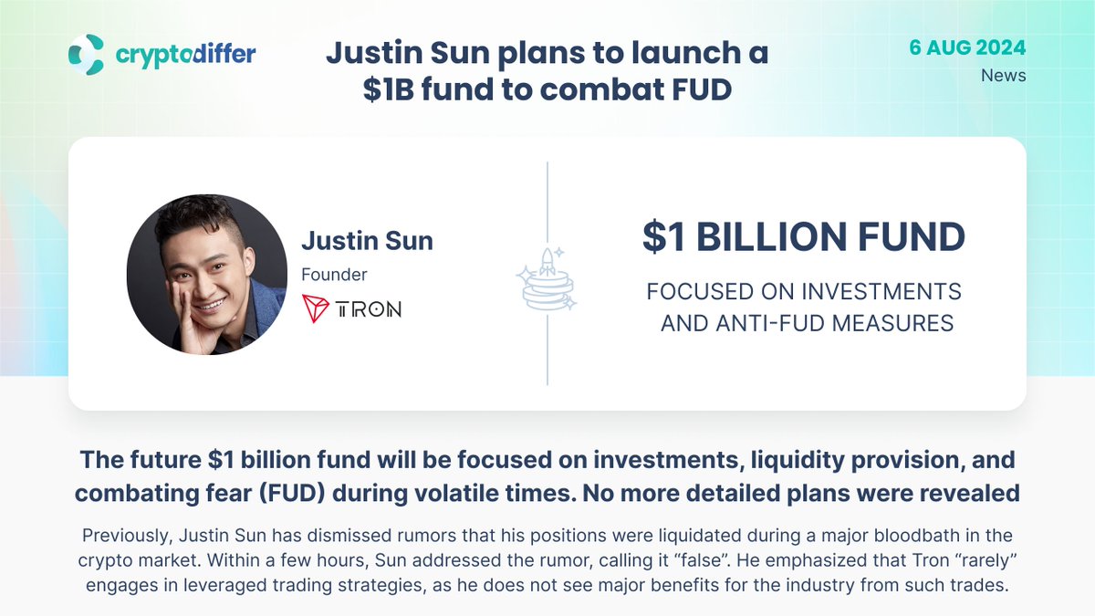 ❗️@JustinSuntron unveiled plans to launch a $1B fund to combat FUD The  future $1 billion fund will be focused on investments, liquidity provision,  and combating fear (#FUD) during volatile times. No more