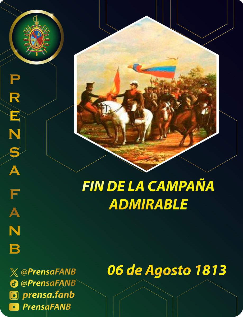 🗓️ #6Ago || Un día como hoy, Simón Bolívar comandando las fuerzas revolucionarias, dirigió la que fue llamada Campaña Admirable, este inició en Colombia y fue la responsable de iniciar la llamada Segunda República. Esta fue la acción militar que permitió la liberación de las