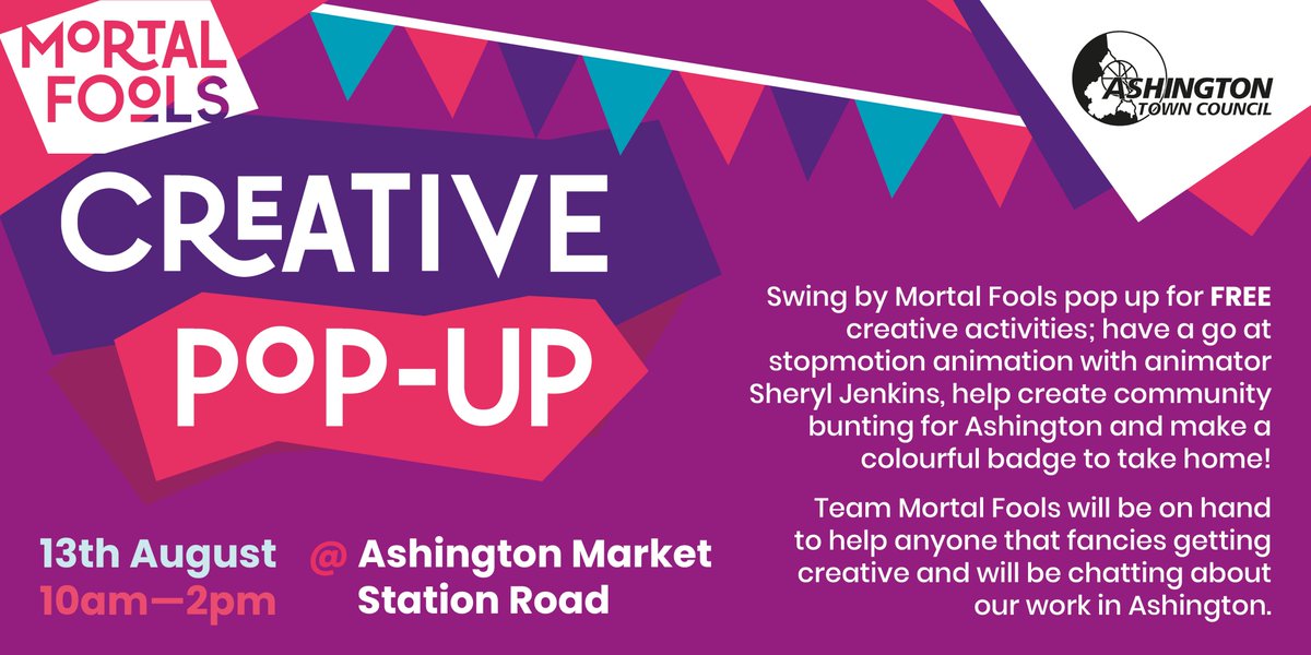 Swing by Mortal Fools pop up at Ashington Town Market on Station Road for free creative activities on Tues 13 Aug, 10am-2pm!
Folks can have a go at stopmotion with <a href="/AnimatorSheryl/">Sheryl Jenkins</a>, help create community bunting for Ashington &amp; make a colourful badge!
Funded by <a href="/AshingtonTown/">Ashington Town Team</a>