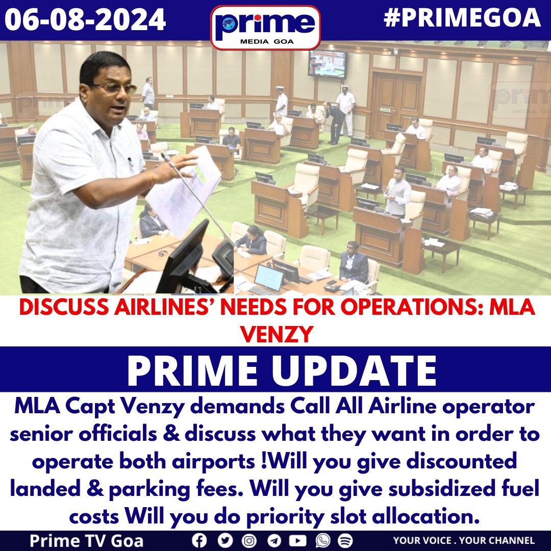 PrimeTVGoa's tweet image. Discuss Airlines’ Needs for Operations: MLA VENZY

#AIRLINES #demands #airports #discount #parkingfees #subsidized #priority #allocation