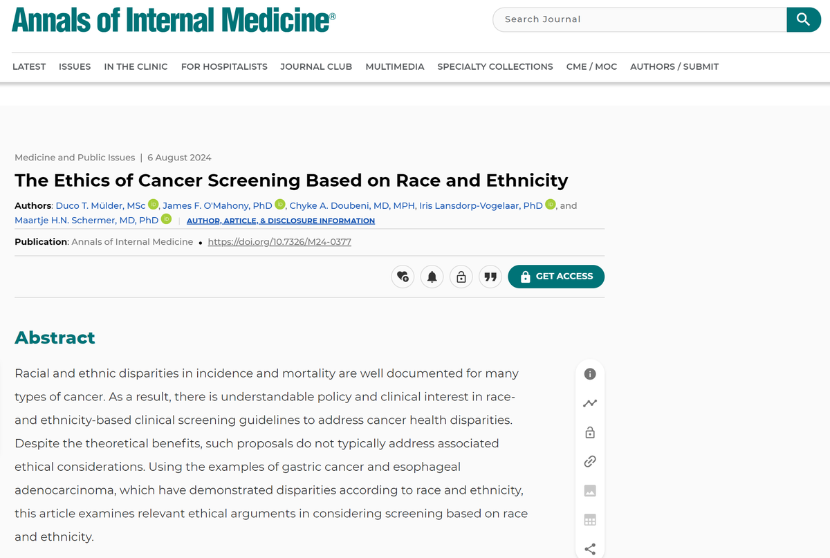 James O'Mahony 🇺🇦🇵🇸☮️ (@jamesfomahony) on Twitter photo New paper led by <a href="/DucoMuelder/">Duco Mülder</a> of <a href="/ErasmusMCPH/">Erasmus MC Public Health</a> on the ethics of using race and ethnicity in cancer screening programmes. There's plenty more to write on this topic but this was an interesting project and I learnt a lot.
acpjournals.org/doi/10.7326/M2… New paper led by <a href="/DucoMuelder/">Duco Mülder</a> of <a href="/ErasmusMCPH/">Erasmus MC Public Health</a> on the ethics of using race and ethnicity in cancer screening programmes. There's plenty more to write on this topic but this was an interesting project and I learnt a lot.
acpjournals.org/doi/10.7326/M2…
