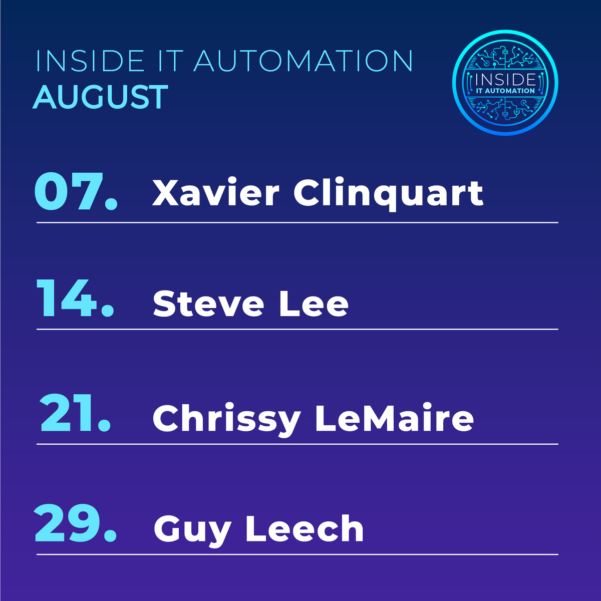 ScriptRunner π€ (@script_runner) on Twitter photo π Inside IT Automation August is here!ποΈ
Get ready for 4 weeks of cutting-edge IT insights with Xavier Clinquart, <a href="/Steve_MSFT/">Steve Lee</a>, Chrissy LeMaire, and <a href="/guyrleech/">Guy Leech</a>, hosted by <a href="/HeikoBrenn/">Heiko Brenn π</a>!
All episodes recorded live at PSConfEU in Antwerp. π
Stay tuned and donβt miss out! π‘β¨ π Inside IT Automation August is here!ποΈ
Get ready for 4 weeks of cutting-edge IT insights with Xavier Clinquart, <a href="/Steve_MSFT/">Steve Lee</a>, Chrissy LeMaire, and <a href="/guyrleech/">Guy Leech</a>, hosted by <a href="/HeikoBrenn/">Heiko Brenn π</a>!
All episodes recorded live at PSConfEU in Antwerp. π
Stay tuned and donβt miss out! π‘β¨