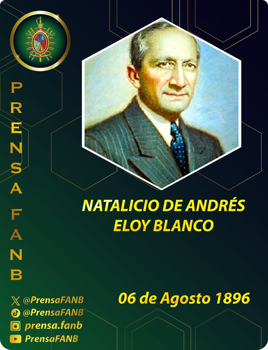 🗓️ #6Ago || Andrés Eloy Blanco, nació en Cumaná, el 6 de agosto de 1896, fue un escritor, ensayista, periodista, humorista y político venezolano. Fue conocido como “El poeta del pueblo”, destacando por ser un luchador social y un gran orador, además se graduó de abogado en 1918 y