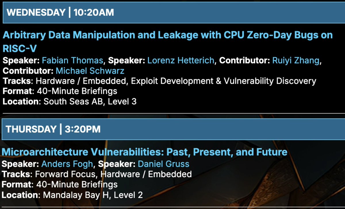 Finally received my visa today! Unfortunately, I can't book everything in time for #BHUSA, so I'll miss the chance to present. However, you definitely shouldn't miss these two incredible talks:

🗓️ Wednesday | 🕙 10:20 AM
🗓️ Thursday | 🕒 3:20 PM