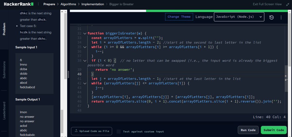 SolonkoNora's tweet photo. So yesterday was the DAY 5 of our 30DaysOfAlgorithms and i was tackling the algorithmic challenge "Bigger is Greater" It involves finding the next lexicographically greater permutation of a string.
MySolution on Hackerrank https://t.co/LaMuOTF5CH
@RebaseDatathon
@RebaseCodeCamp https://t.co/euBJCTNxKL