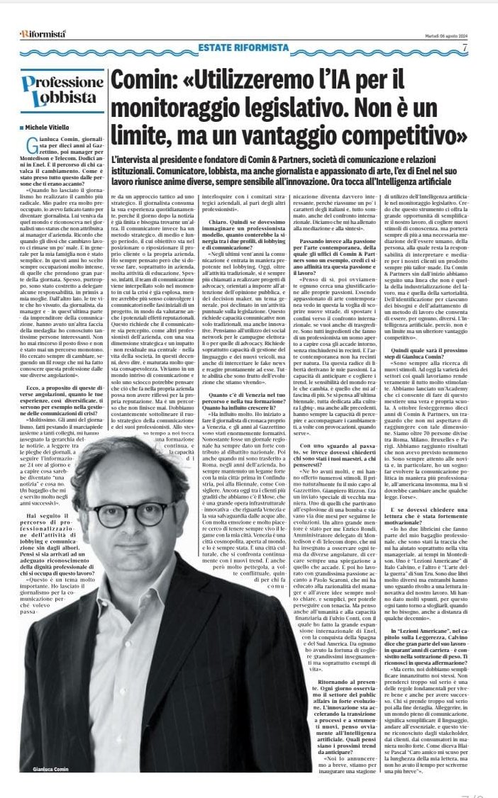 Su <a href="/ilriformista/">Il Riformista</a> <a href="/gcomin/">Gianluca Comin</a> racconta il percorso di professionalizzazione del #lobbying e della #comunicazione, tra evoluzione e nuove sfide, come l’#AI. 

🗞 L'intervista completa a firma di <a href="/michelevitiell0/">Michele Vitiello</a>.