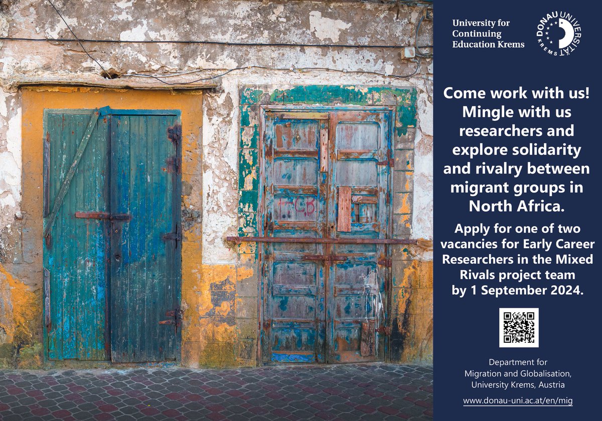 Come work with us! 
Mingle with us researchers and explore solidarity and rivalry between migrant groups in North Africa. The Mixed Rivals project team is looking for a Research Assistant and a PhD student. The application deadline is September 1st, 2024.
donau-uni.ac.at/en/mig