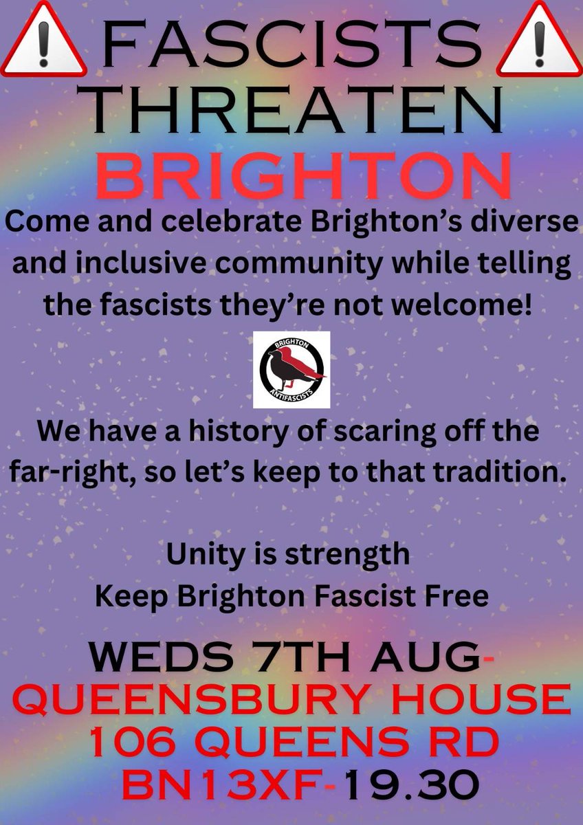 Join us on Wednesday evening to defend our Brighton community against the far-right!

We need to take a stand in solidarity with those most likely to be targeted.

Spread the word! Tell everyone you know!

See you Wednesday - 7:30pm, Queensbury House, 106 Queens Rd BN1 3XF