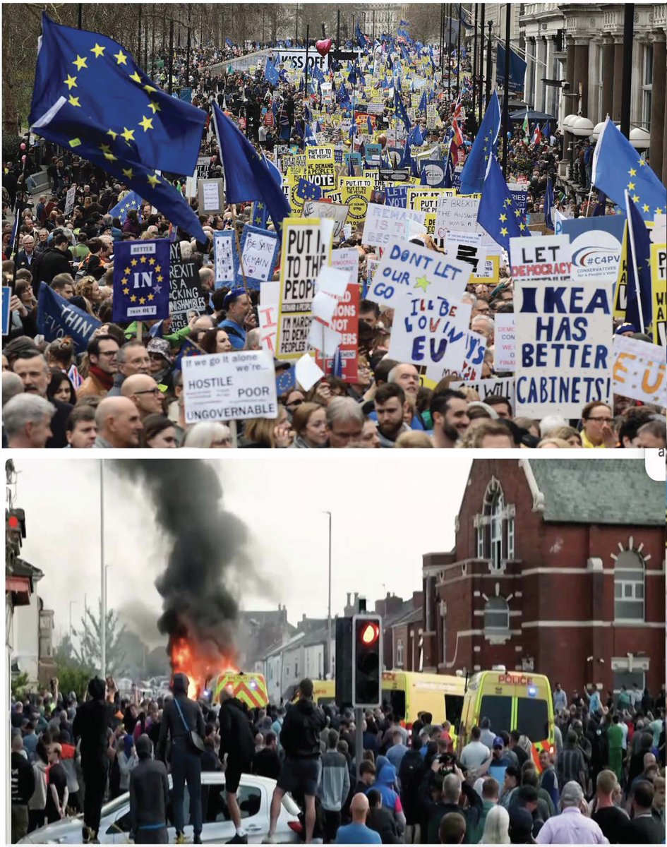 Dear BBC &amp; other media still calling the racists 'protestors'. They're not. To help, here's a photo of what a peacful protest with thousands of people looks like (2016 Brexit), vs what thug rioters attacking Mosques looks like. If only we'd got the same amount of coverage 🙄