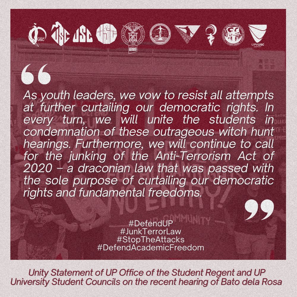 uposr's tweet photo. Unity Statement of UP OSR &amp; UP University Student Councils on the recent hearing of Bato dela Rosa

We decry the waste of public funds for witch hunt hearings facilitated by Sen. dela Rosa that target youth leaders &amp; organizations that promote critical thinking and social change. https://t.co/zW0DQwUluB