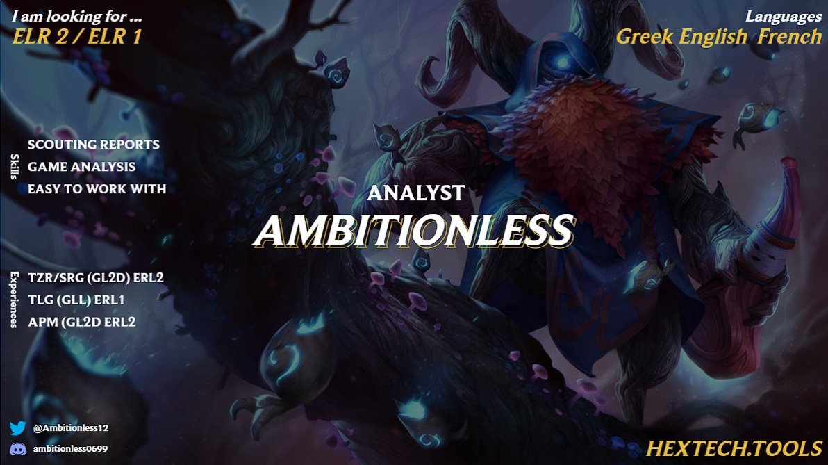 Ambitionless (@ambitionless12) on Twitter photo Hello everyone after my split with <a href="/APM_New_Era/">Actions Per Minute</a>
, I am looking for a team as an Analyst / Assistant Coach.
I can provide work samples of previous work. For any references, please contact any member of my old teams.
Discord: ambitionless0699
lol.fandom.com/wiki/Ambitionl… Hello everyone after my split with <a href="/APM_New_Era/">Actions Per Minute</a>
, I am looking for a team as an Analyst / Assistant Coach.
I can provide work samples of previous work. For any references, please contact any member of my old teams.
Discord: ambitionless0699
lol.fandom.com/wiki/Ambitionl…