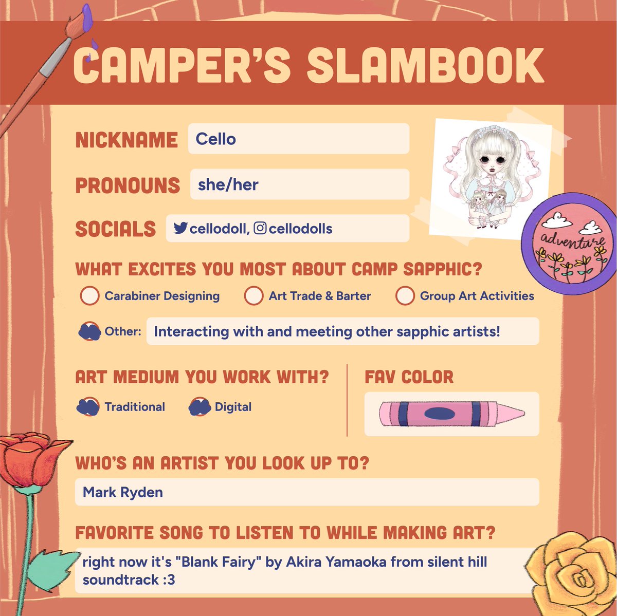 H-O-T-T-O-G-O, Here is Camp Leader, Cello! 💖🎀

Leading the Pink team is none other than the doll herself, <a href="/cellodoll/">𝖈𝖊𝖑𝖑𝖔</a>! Get to know her through her slam book entry below ⬇️