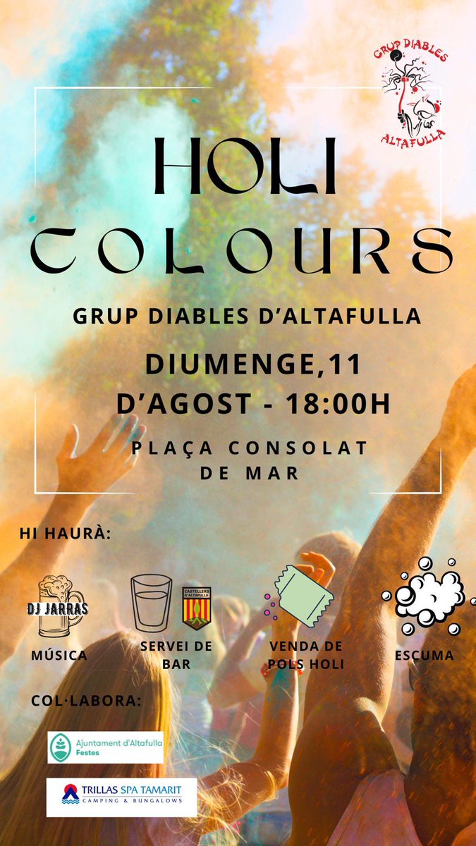 🥳 Festa Holi Colours 🥳

🗓️ Diumenge 11 d'agost
🕕 18:00h
📍 Plaça Consolat de Mar

👨‍🎤🎶 Hi haurà música amb DJ Jarras, servei de bar, venda de pols holi i escuma ‼️

Organitza <a href="/DiablesAltf/">GrupDiablesAltafulla</a> amb la col·laboració de la regidoria de Festes.

#Altafulla 

altafulla.cat/agenda-altaful…