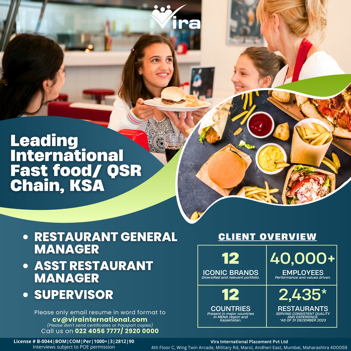Vira_India's tweet photo. Leading International QSR Chain!
Vacancies in Large Numbers
RESTAURANT GENERAL MANAGER
ASST RESTAURANT MANAGER
SUPERVISOR
Requirements:
Must speak fluent English.
Must have at least 2 years of Exp in an international QSR chain.
#Vira #QSR #Fastfood #RestaurantGeneralManager https://t.co/JYJY2JS2Bd