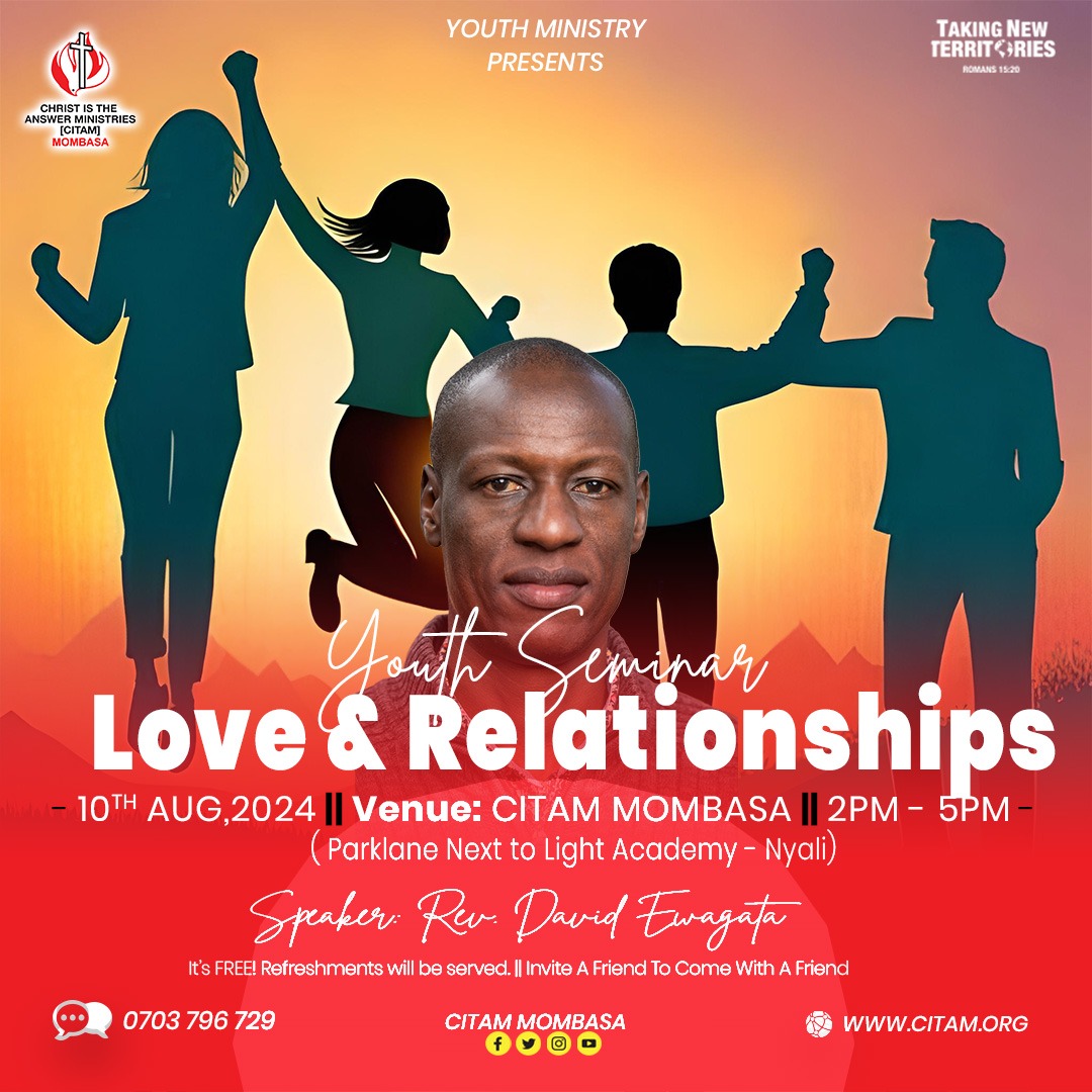 Coming up this Saturday afternoon <a href="/CitamMombasa/">CITAM Mombasa</a>. All Youth are welcome. It is free. 

<a href="/DavidEwagata/">David Ewagata</a> <a href="/josephndungu/">Alltech security systems kenya</a> <a href="/EricMaleche/">eric maleche</a>  <a href="/NjagiManase/">MANASE M NJAGI</a> 

#TakingNewTerritories
#WhereChristIsOurAnchor