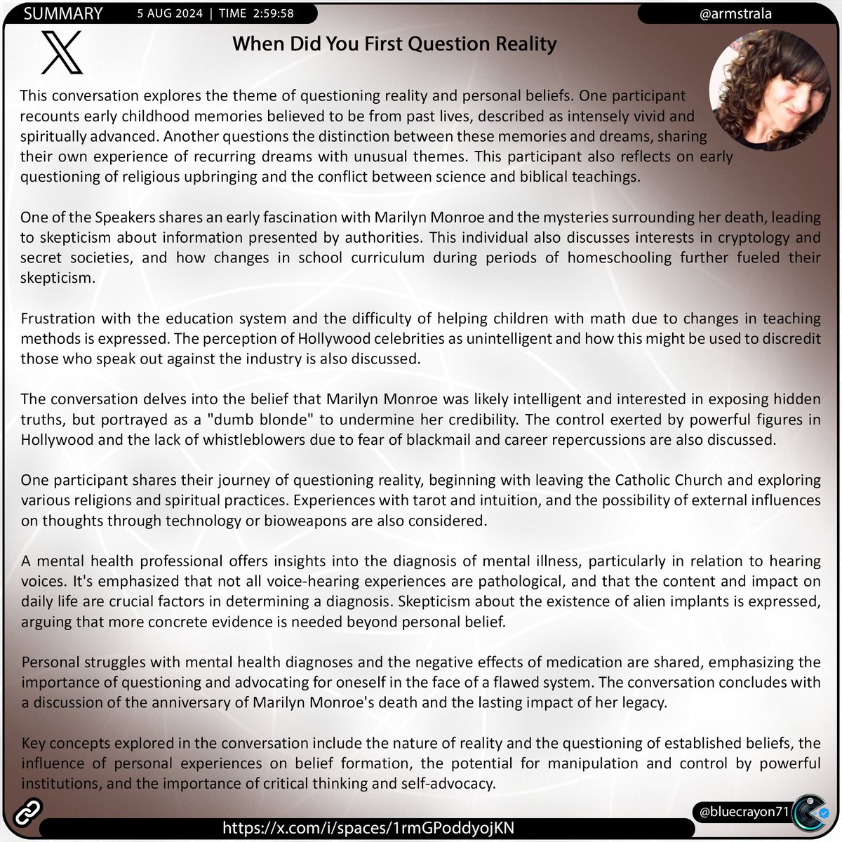 bluecrayon71's tweet photo. When Did You First Question Reality @armstrala
🔗 https://t.co/km0kPH5mhq
#pastLives #spirituality #MarilynMonroe #conspiracyTheories #secretSocieties #dissociativeDisorders #alienImplants #tarot #intuition #karma #reincarnation #bioweapons #voiceToSkullTechnology https://t.co/657F3z2qCd