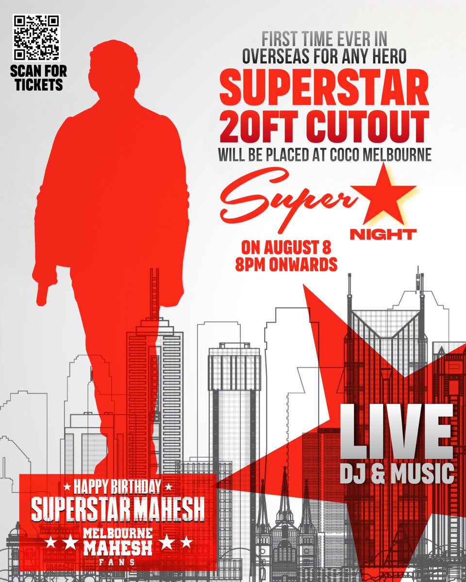 PenuToofan's tweet photo. Presenting the 1st ever DJ night to celebrate a star's birthday🥁
Witness the 1st ever 20FT cutout for a star overseas😎

Setting new trends &amp; making history🔥
Let's #CelebrateSSMB and reign supreme💥

Book your tickets now: https://t.co/GKcVBxUAfg

#SuperNight #Murari4k #SSMB29 https://t.co/ZATs4RN8AE