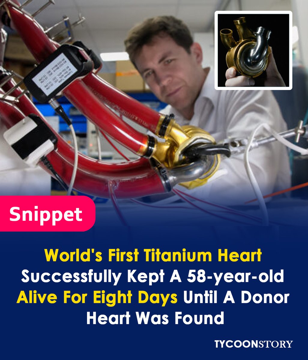 TycoonStoryCo's tweet photo. World's first titanium heart successfully keeps a 58-year-old US man alive for 8 days before receiving a donor heart
#TitaniumHeart #ArtificialOrgan #CardiacCare #HealthInnovation #MedicalTechnology #HeartSurgery #LifeSavingTech #Science 
https://t.co/ZRjBOSKpPJ https://t.co/2J01GKsOLD