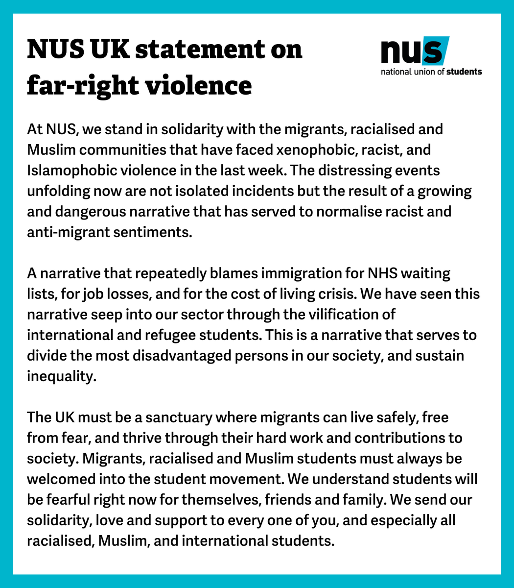 nusuk's tweet photo. Our statement on far-right violence in the UK over the last week. We stand in solidarity with migrants, racialised and Muslim communities.

Resources for SU officers and students: https://t.co/bRBD2JohsY

Support our statement: https://t.co/r5P3D5IgSi https://t.co/Sii149v9ON