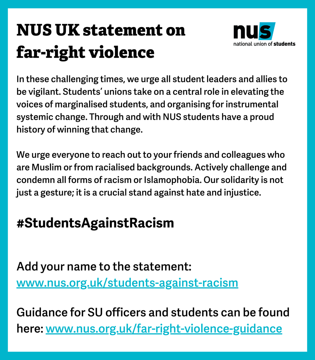 nusuk's tweet photo. Our statement on far-right violence in the UK over the last week. We stand in solidarity with migrants, racialised and Muslim communities.

Resources for SU officers and students: https://t.co/bRBD2JohsY

Support our statement: https://t.co/r5P3D5IgSi https://t.co/Sii149v9ON