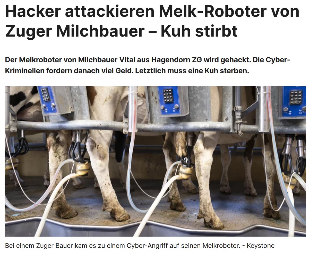 Dennis_Kipker's tweet image. #Cyberangriff auf #Melkroboter zeigt, wie vulnerabel wir infolge der ganzen #Vernetzung tatsächlich sind und wie groß die Verantwortung von #Produktherstellern ist, nicht nur auf #Funktionalität, sondern dringendst auch auf die #Cybersicherheit zu achten:
nau.ch/news/schweiz/h…