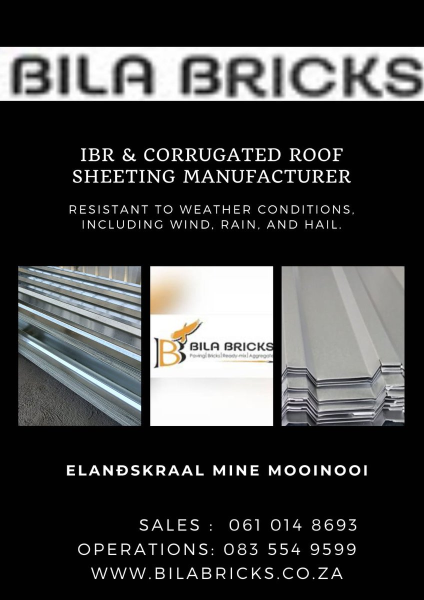 Bilabricks's tweet photo. Corrugated Roof Sheet &amp; IBR  Supply — Affordable Corrugated Roofing Solutions.

 Get Top Notch Quality At Unbeatable Prices! Call Us!
  Call us  061 014 8693 /  083 554 9599

Visit our yard @ Elandskraal Mine , Mooinooi
Click https://t.co/aZVx4gGMEU and find out more.. https://t.co/BpAMcrZfl0