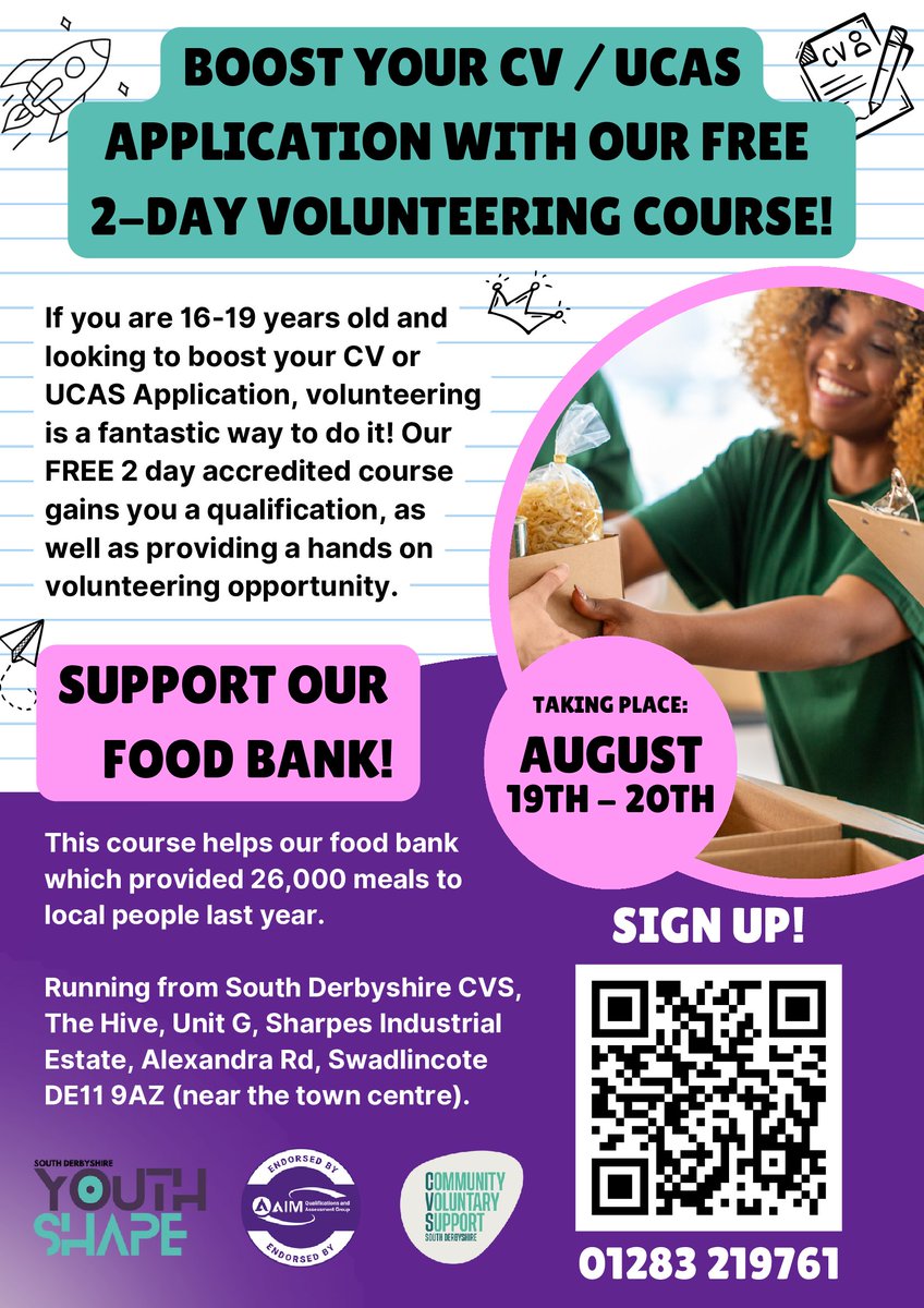 SDVolForce's tweet image. 16-19? looking to experience the impact and benefits of volunteering? come join us for a two-day volunteer course, to support our food bank! find out more at volunteersouthderbyshire.org