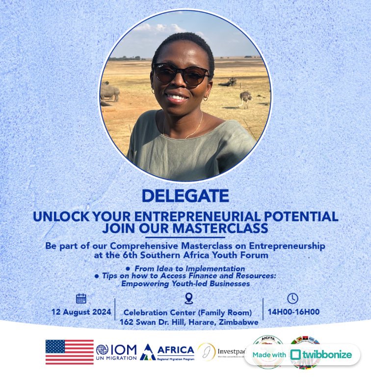 dputs's tweet image. I know where I’ll be on 12 August 💃🏾
Join us at the #6thSouthernAfricaYouthForum &amp;amp;  unlock your entrepreneurial potential at @IOMROpretoria &amp;amp; #Investpad Masterclass on Entrepreneurship
🗓️ 12 Aug
🕥 2pm
📍Harare, Zimbabwe 🇿🇼 

Join us!
