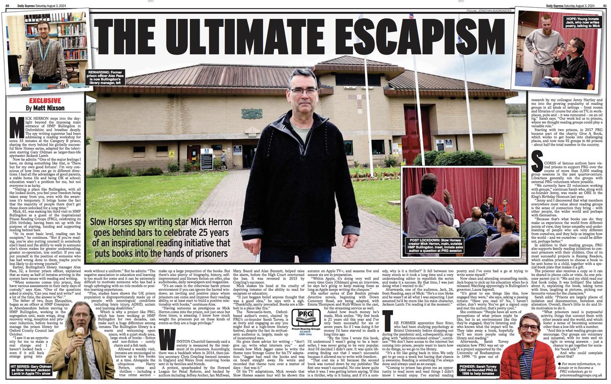 Matt Nixson (@mattnixson) on Twitter photo ICYMI, I was incredibly lucky to visit HMP Bullingdon with #SlowHorses creator Mick Herron to mark 25th anniversary of <a href="/PRG_UK/">PrisonReadingGroups</a> for #ExpressFeatures. With 5,000 reading group sessions over 25 yrs, PRG is doing amazing work. Thanks to all involved at Bullingdon, PRG & <a href="/MoJGovUK/">Ministry of Justice</a> 👏 ICYMI, I was incredibly lucky to visit HMP Bullingdon with #SlowHorses creator Mick Herron to mark 25th anniversary of <a href="/PRG_UK/">PrisonReadingGroups</a> for #ExpressFeatures. With 5,000 reading group sessions over 25 yrs, PRG is doing amazing work. Thanks to all involved at Bullingdon, PRG & <a href="/MoJGovUK/">Ministry of Justice</a> 👏