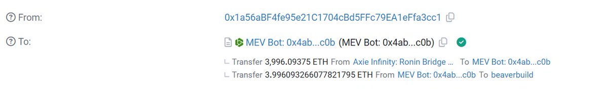 MEV bot whitehatted (hopefully) a Ronin Bridge issue for almost ~4k ETH. Bridge got paused already.
etherscan.io/tx/0x261957008…