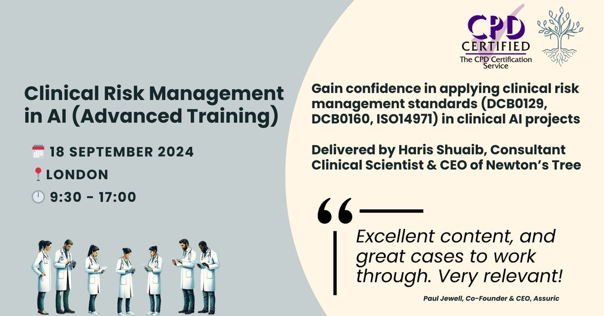 AI governance is everyone’s responsibility.

If you're a clinical safety officer, or involved with AI in healthcare, then join us for our CPD Accredited Clinical Risk Management in AI Advanced Training Course.

Full agenda and register: eventbrite.co.uk/e/clinical-ris…