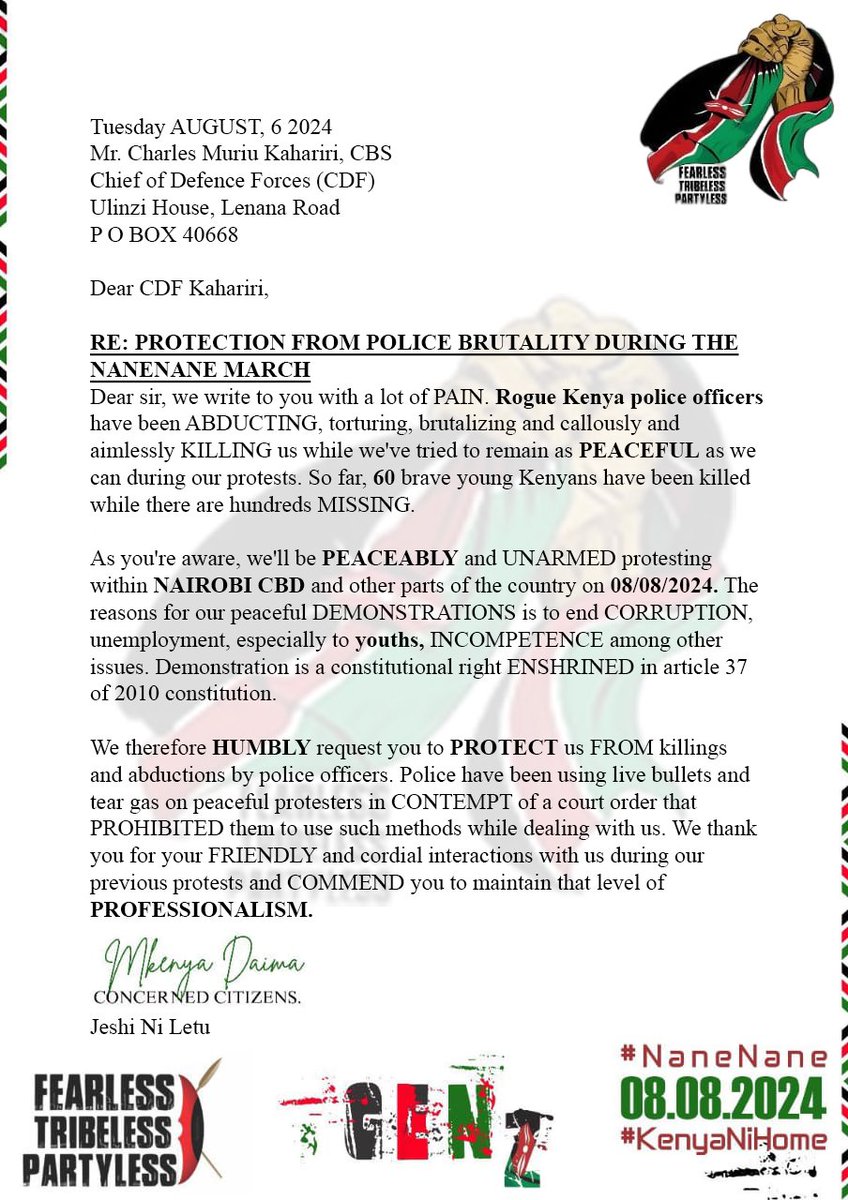 BREAKING: 

KENYANS have written to the Chief of Defence Forces Kahariri urging him to PROTECT them FROM possible police BRUTALITY during #NaneNaneMarch. The military has been VERY friendly with protesters in the previous DEMONSTRATIONS. The letter ends with "Jeshi Ni Letu"